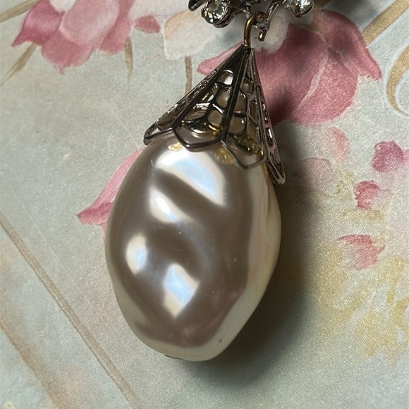 Baroque Faux Pearl Pendent (1 1/2”) hanging from a Rhinestone pin - 2 1/4” Total - Picture 4 of 7